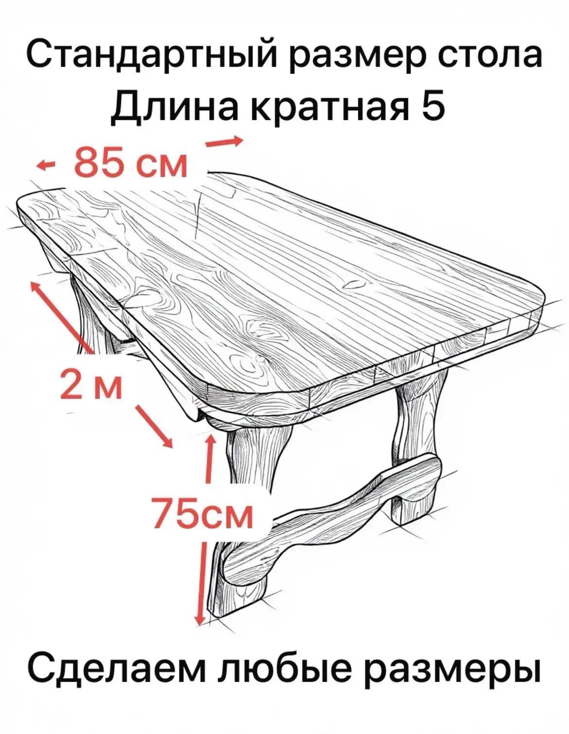 Схема стандартного стола: 2 м × 85 см × 75 см